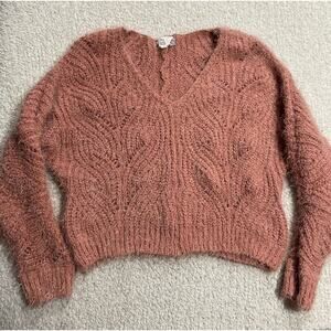 Pink Rose Women's Size Small Eyelash Sweater Fluffy Shaggy V Neck Coral Pink